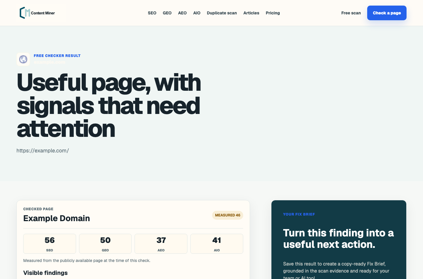 Content Miner page checker result for a publicly available example page